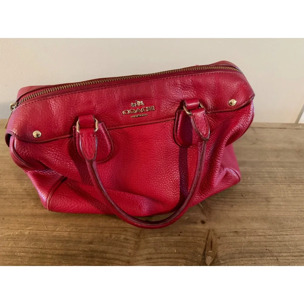 Coach Red Pebbled Leather Satchel Bag Gold Hardware Handbag